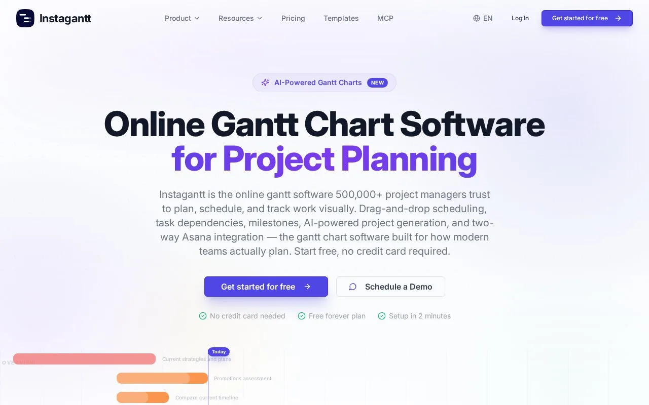 Screenshot of the Instagantt homepage