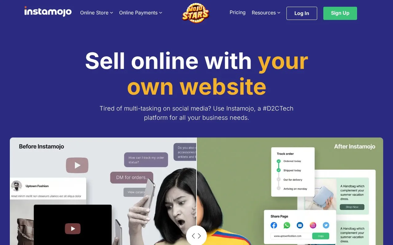 Screenshot of the Instamojo homepage