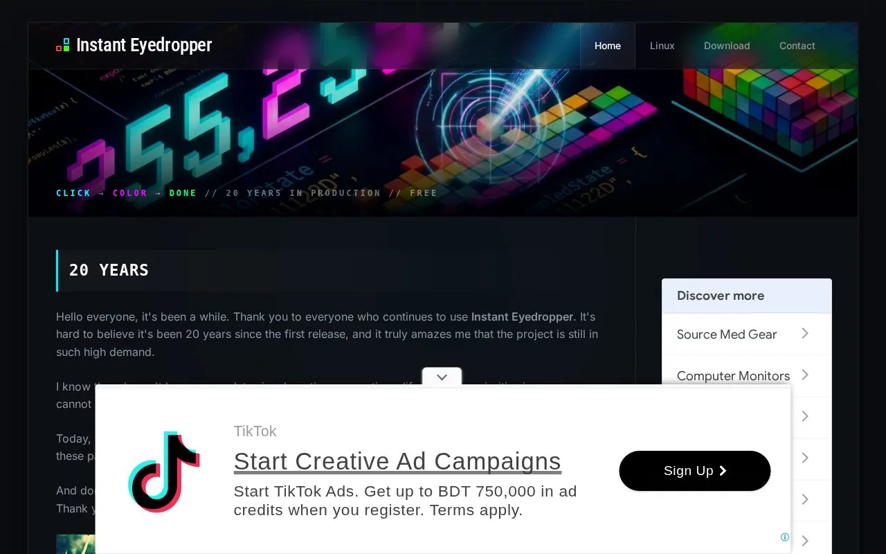 Screenshot of the Instant Eyedropper homepage
