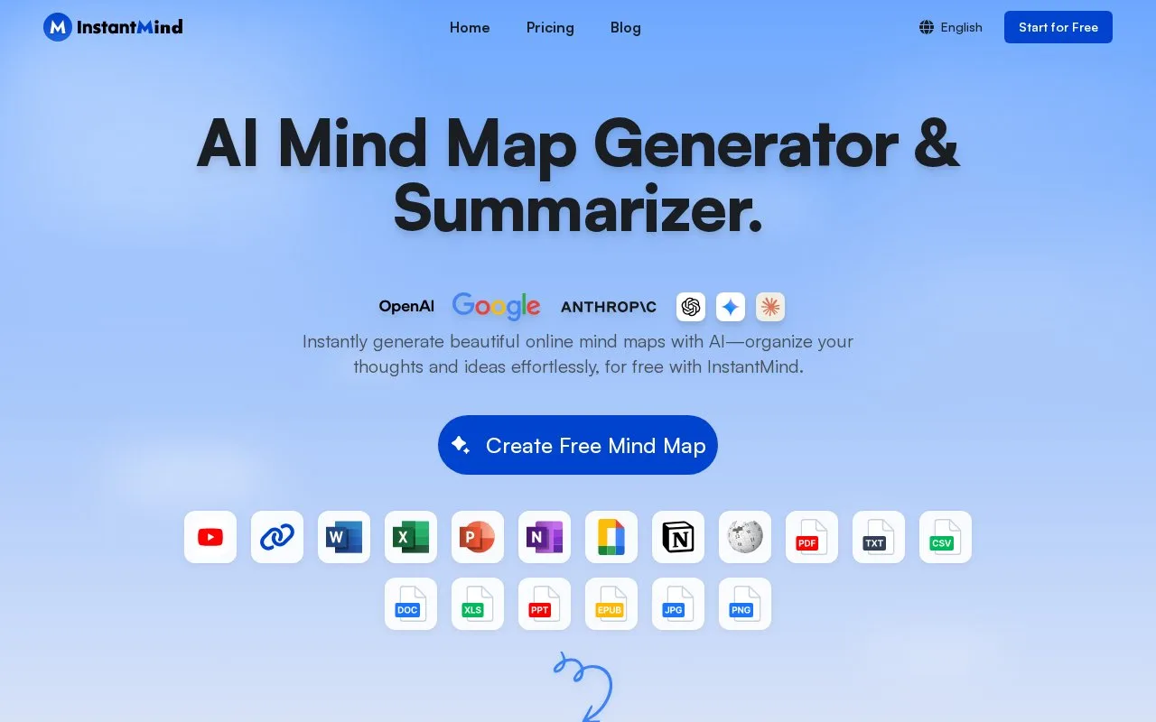 Screenshot of the InstantMind homepage
