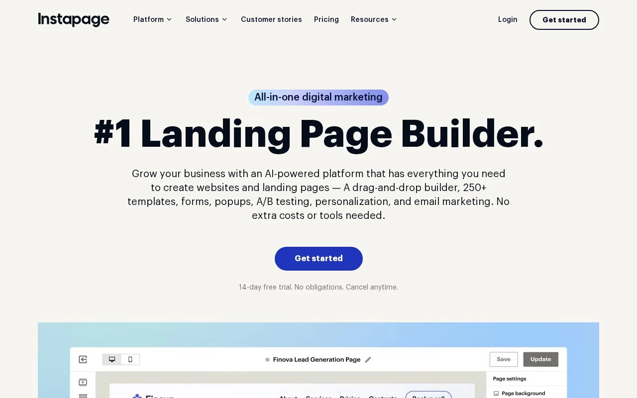Screenshot of the Instapage homepage