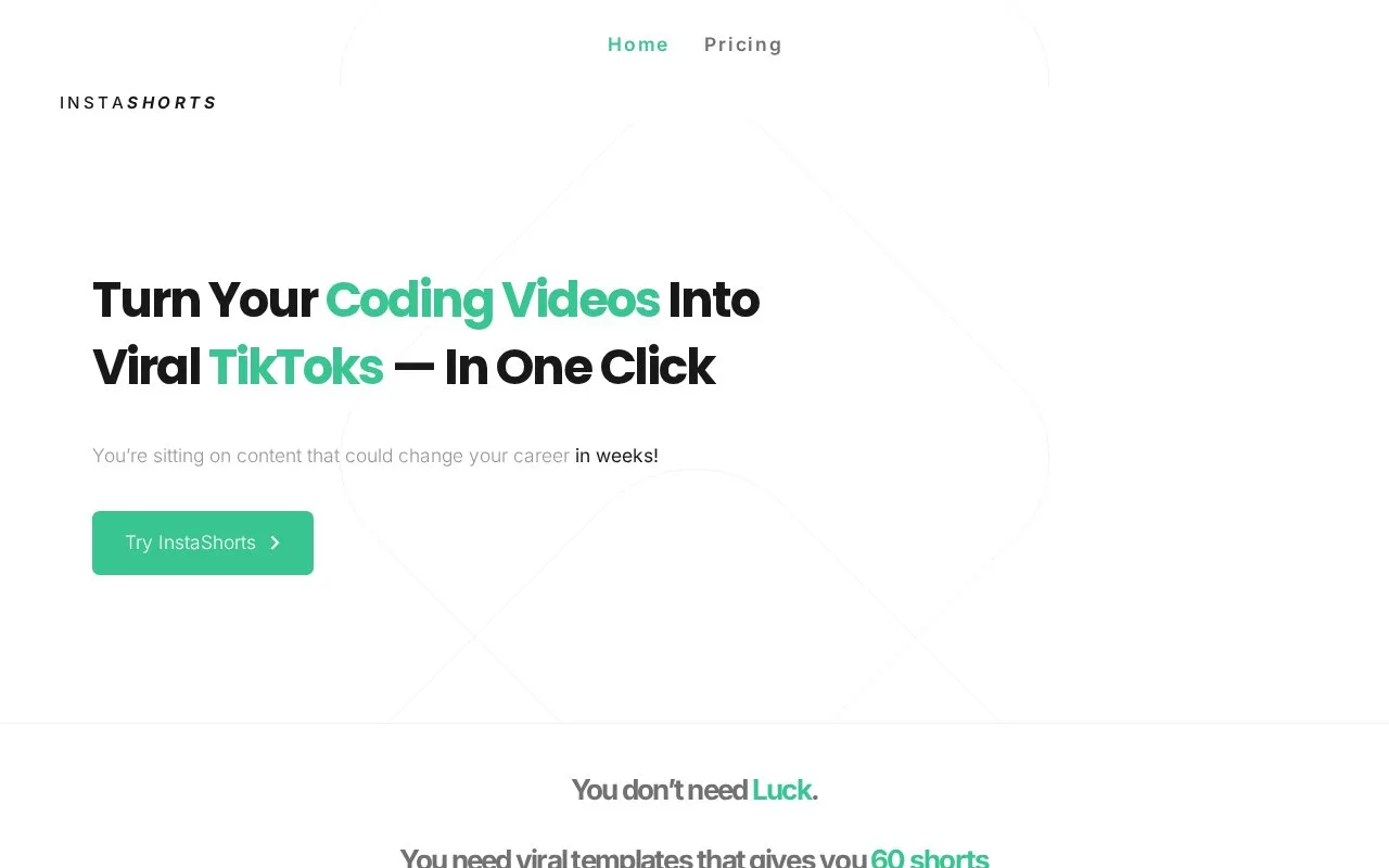 Screenshot of the InstaShorts homepage