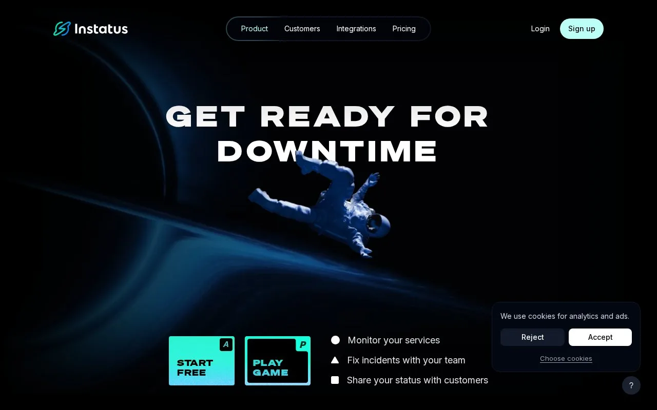 Screenshot of the Instatus homepage