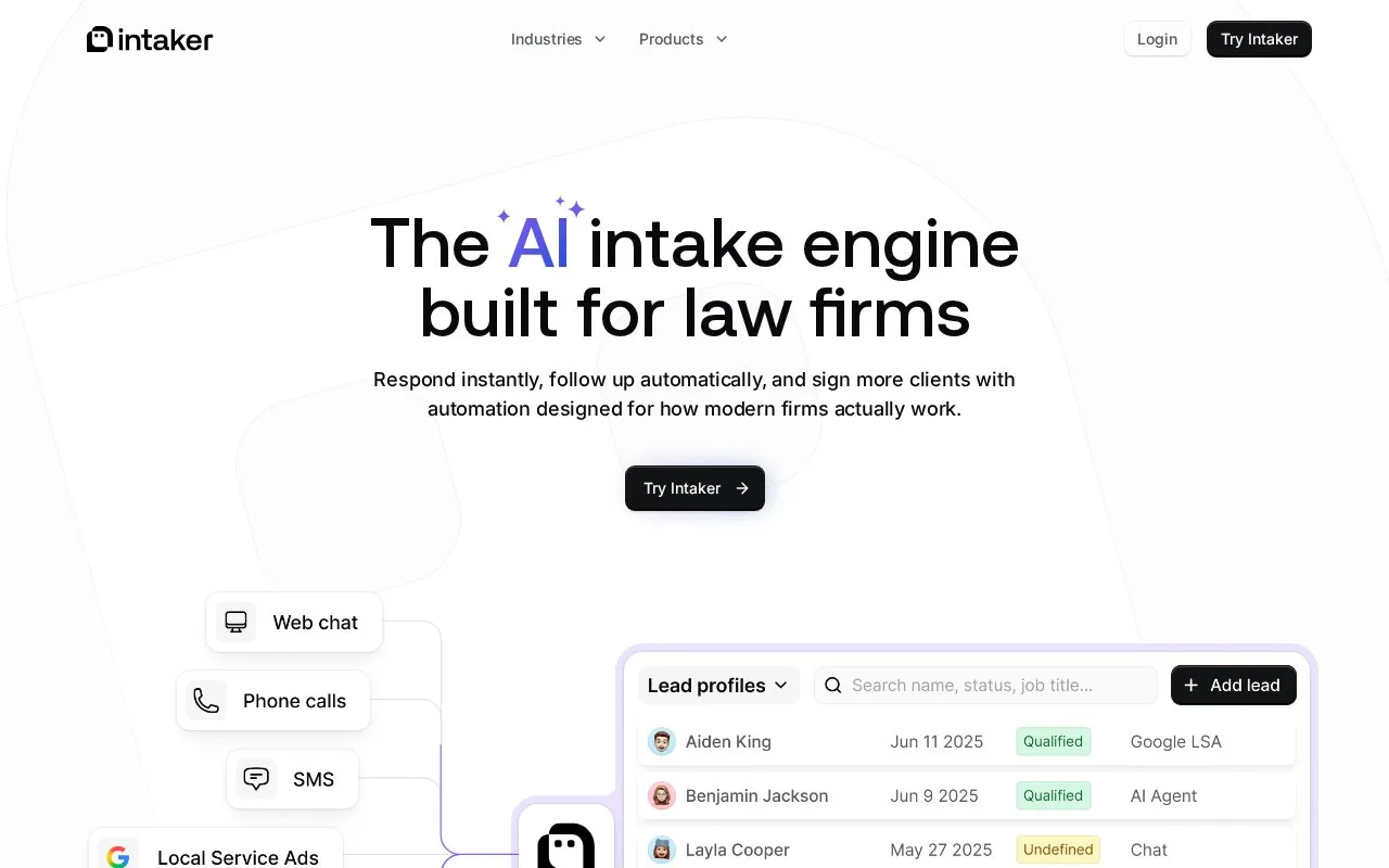 Screenshot of the Intaker homepage
