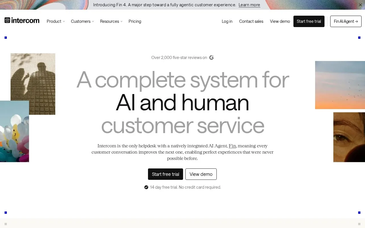 Screenshot of the Intercom homepage
