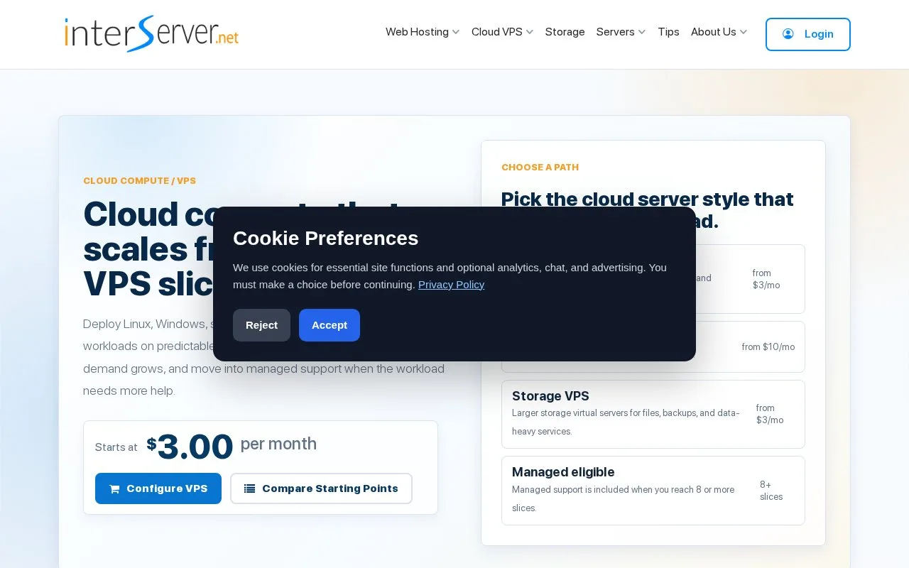 Screenshot of the InterServer Linux Cloud Compute VPS homepage