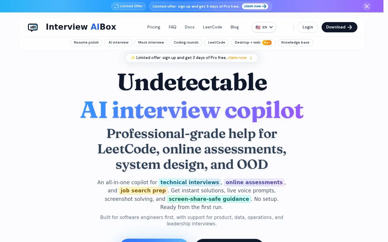 Screenshot of the Interview AiBox homepage