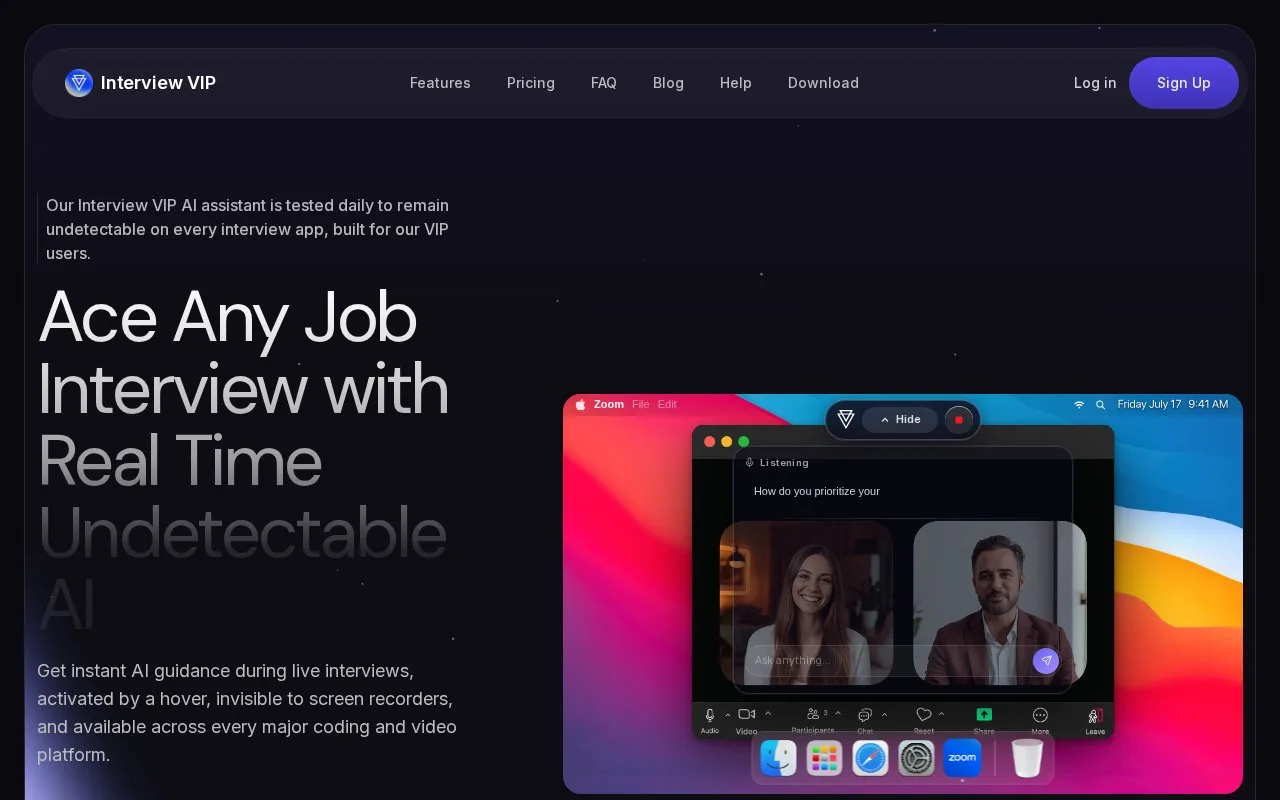 Screenshot of the Interview VIP homepage