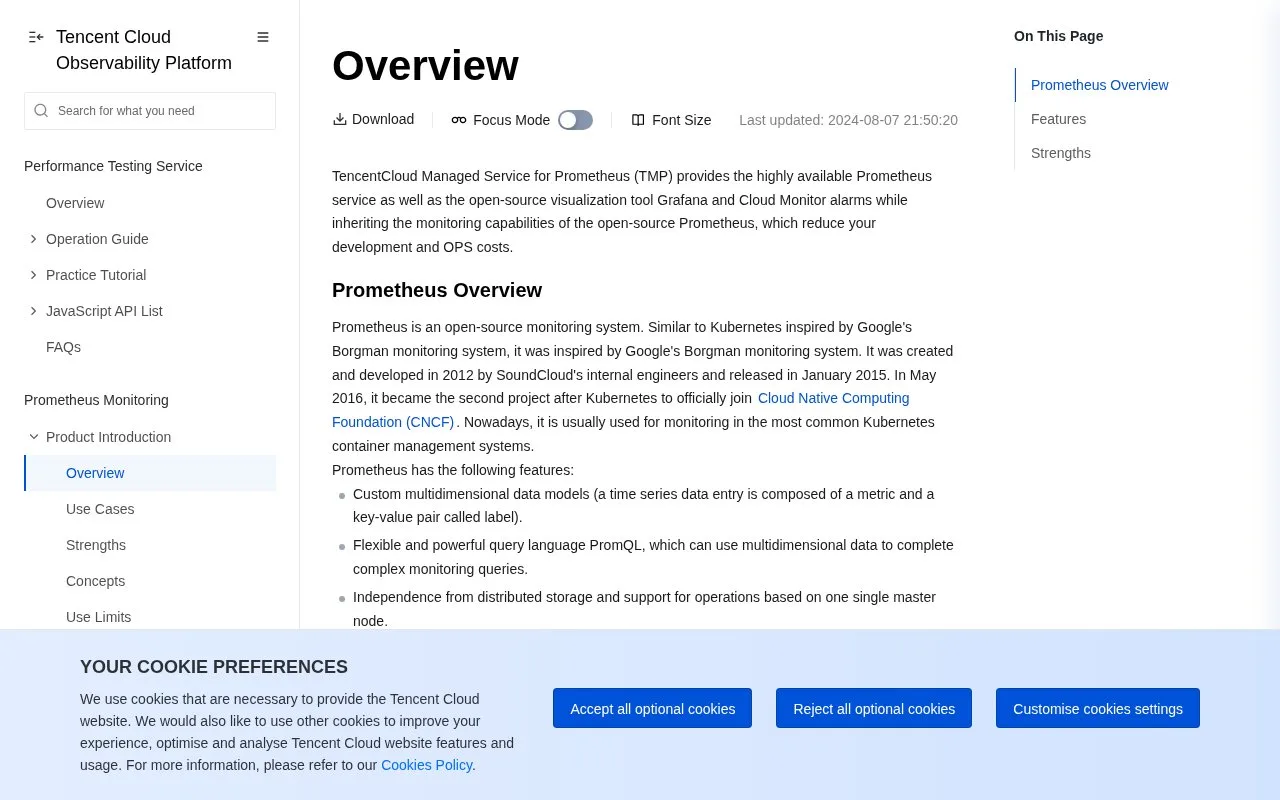 Screenshot of the TencentCloud Managed Service for Prometheus homepage