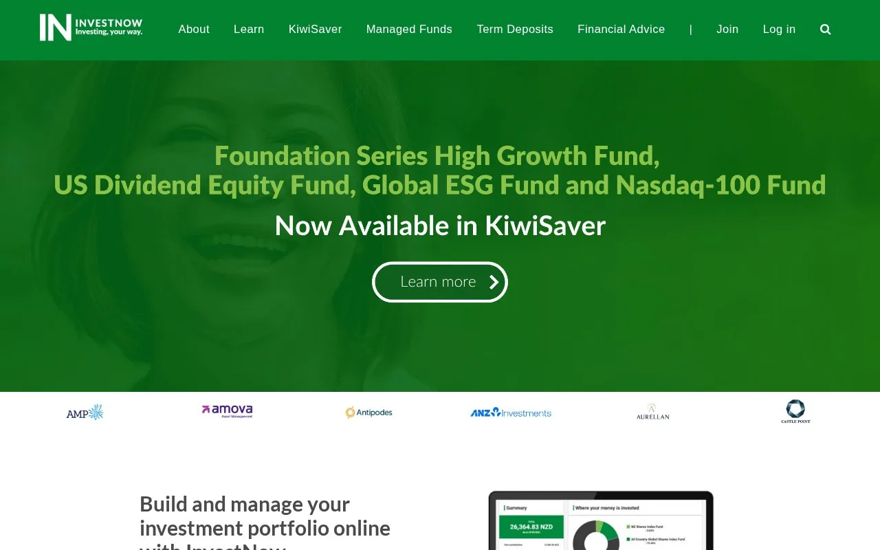 Screenshot of the InvestNow homepage