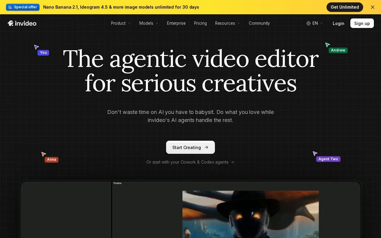 Screenshot of the invideo homepage