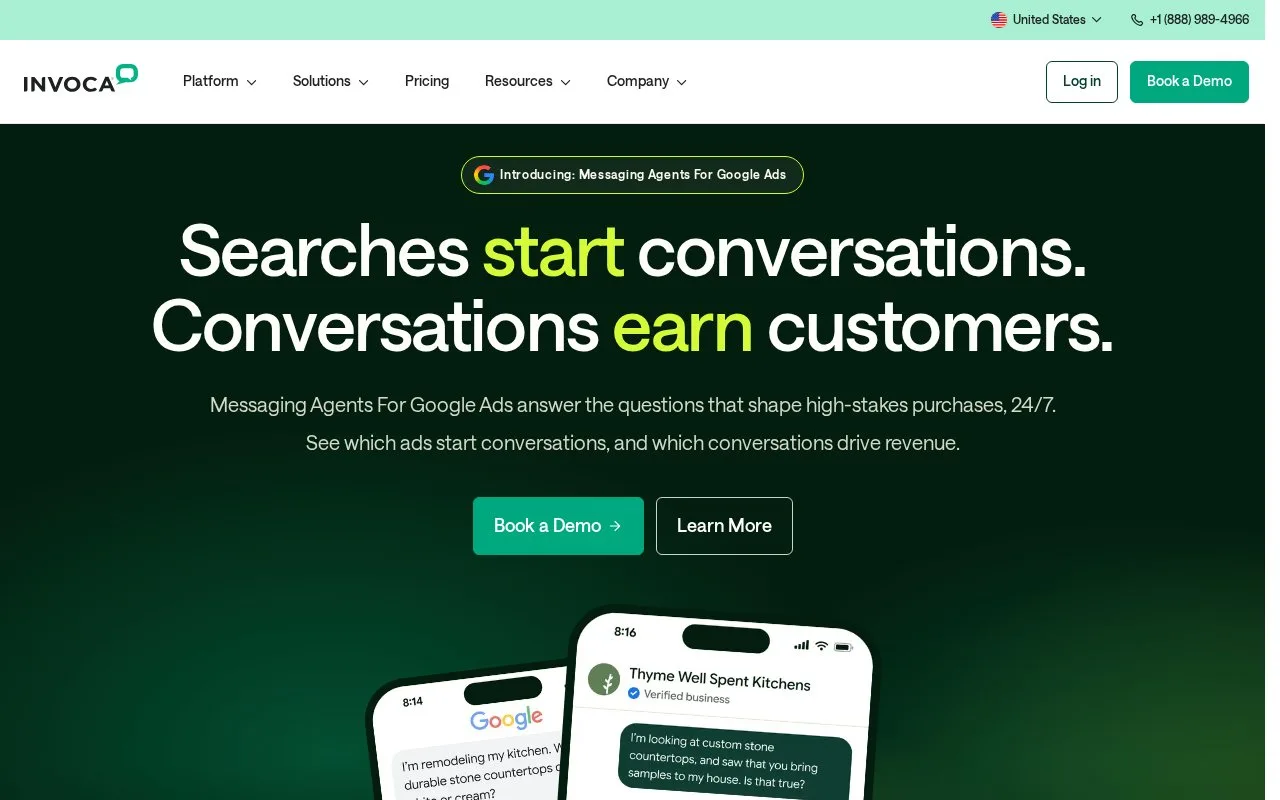 Screenshot of the Invoca homepage