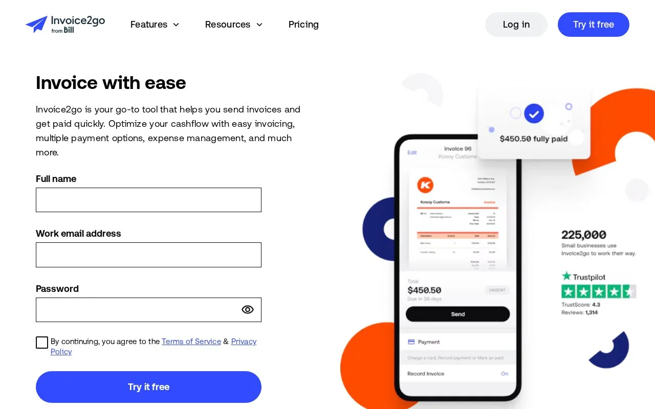 Screenshot of the Invoice2go homepage