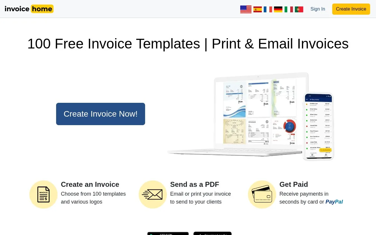 Screenshot of the Invoice Home homepage