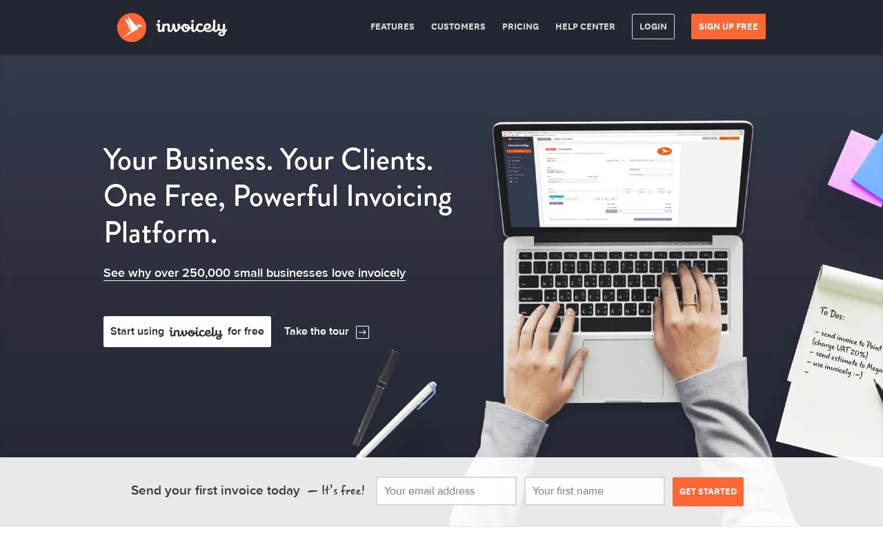 Screenshot of the invoicely homepage