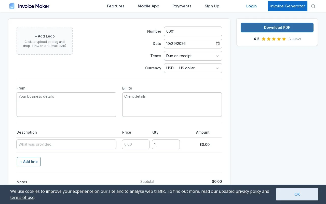 Screenshot of the Invoice Maker homepage