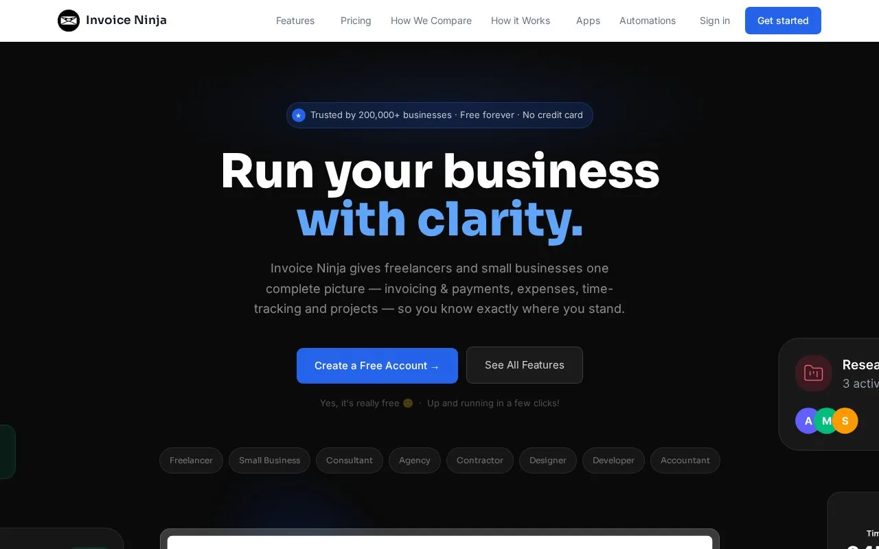 Screenshot of the Invoice Ninja homepage