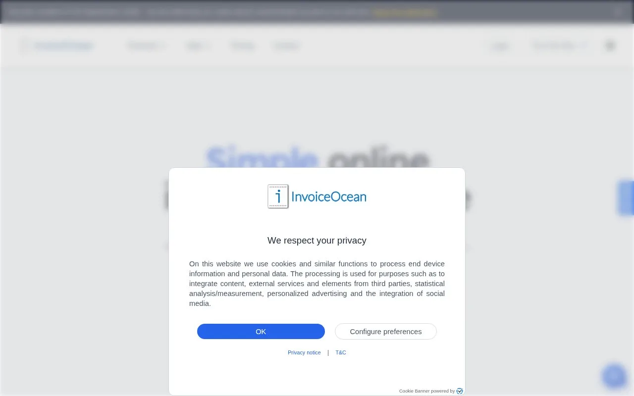 Screenshot of the InvoiceOcean homepage