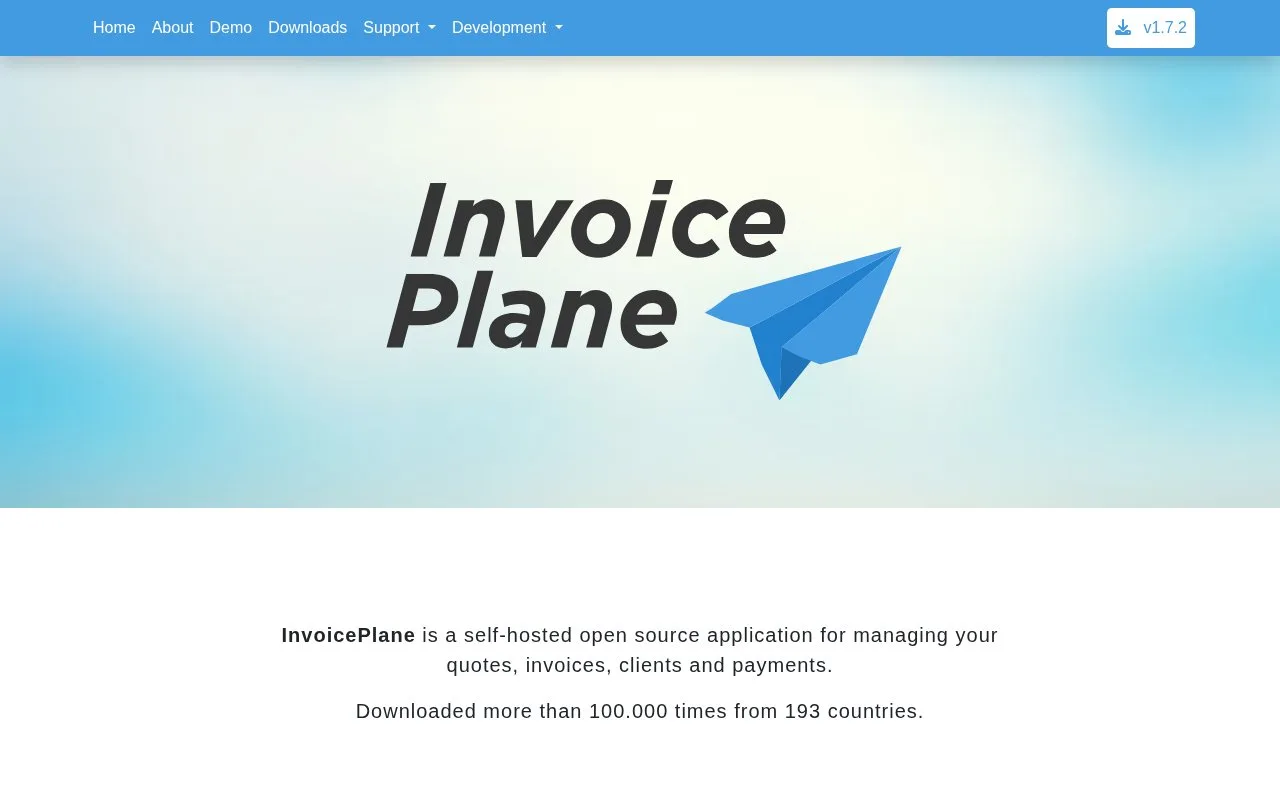 Screenshot of the InvoicePlane homepage