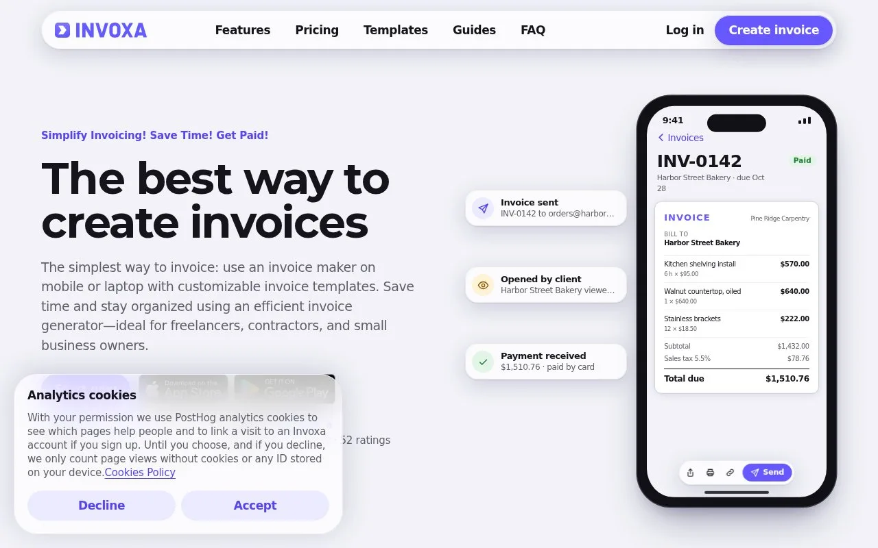 Screenshot of the Invoxa homepage