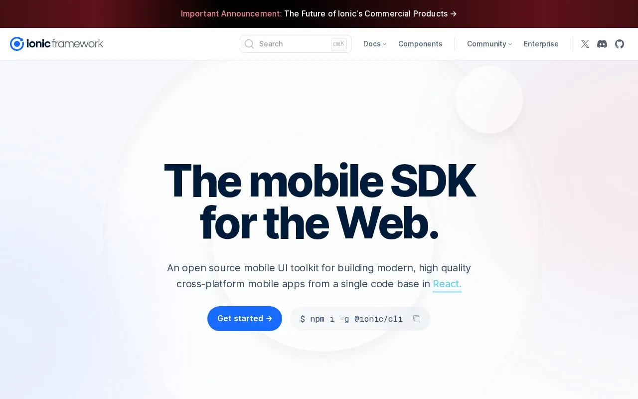 Screenshot of the Ionic Framework homepage