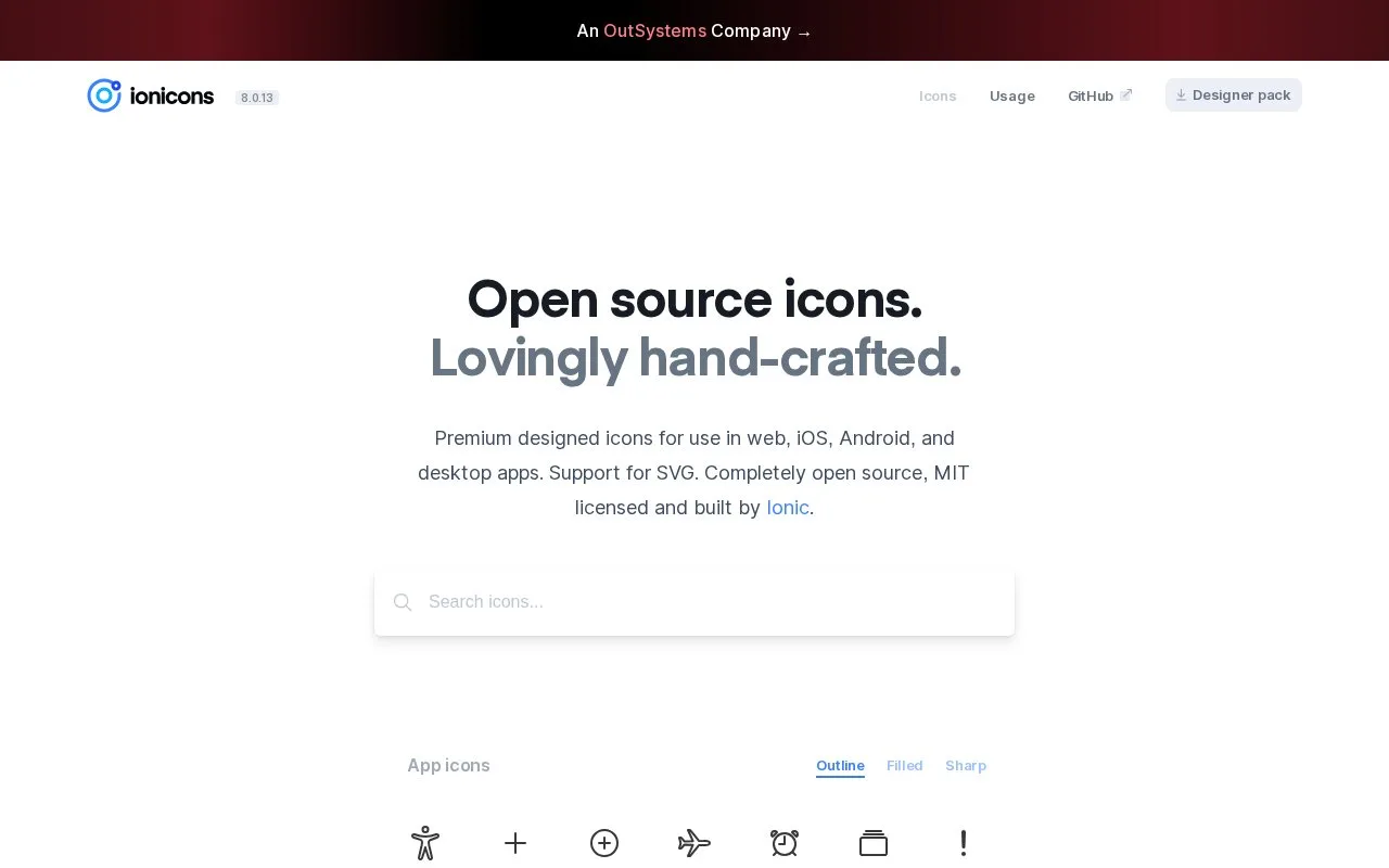 Screenshot of the Ionicons homepage