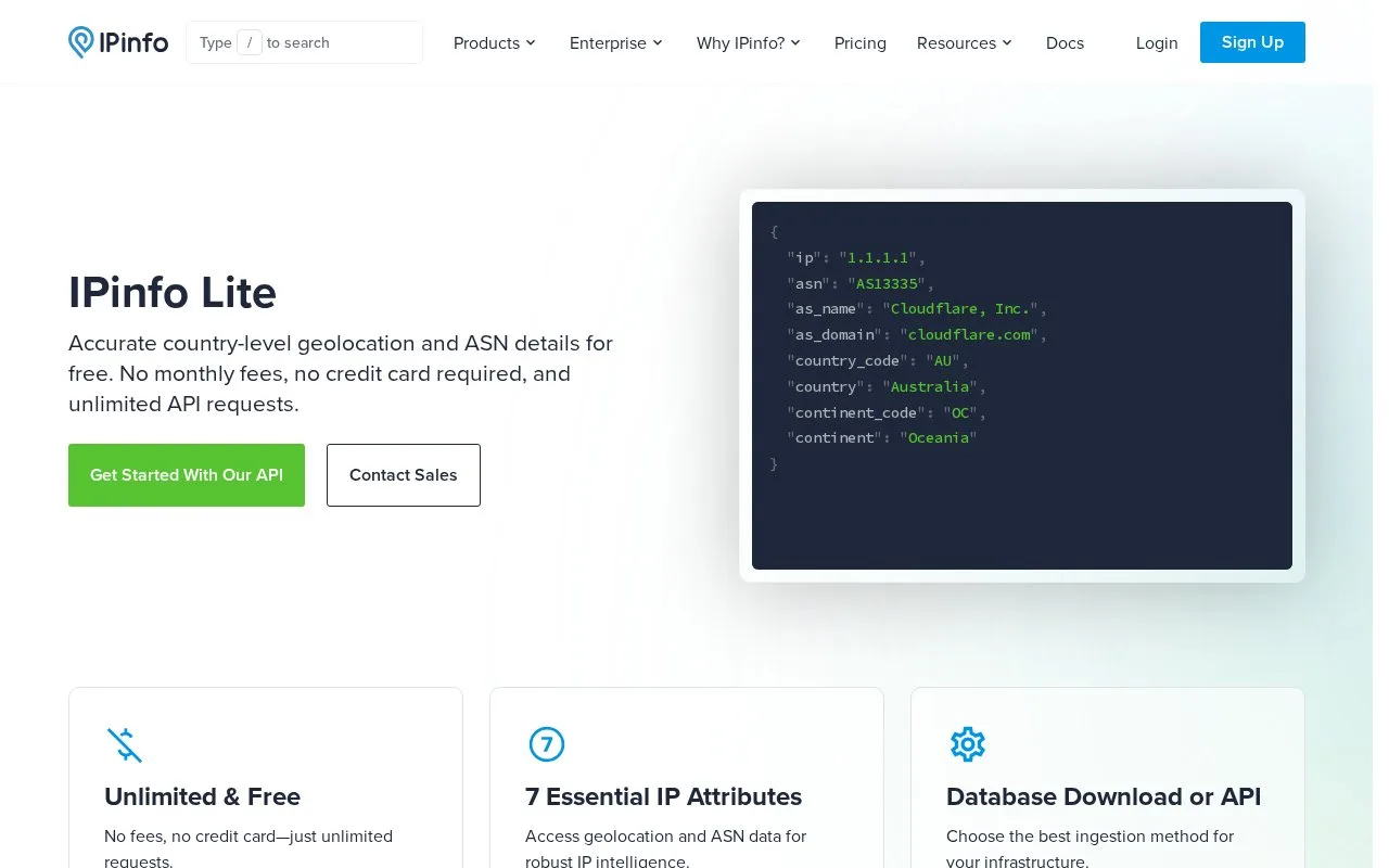 Screenshot of the IPinfo Lite API homepage