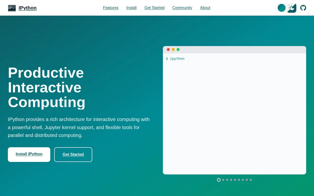 Screenshot of the IPython homepage