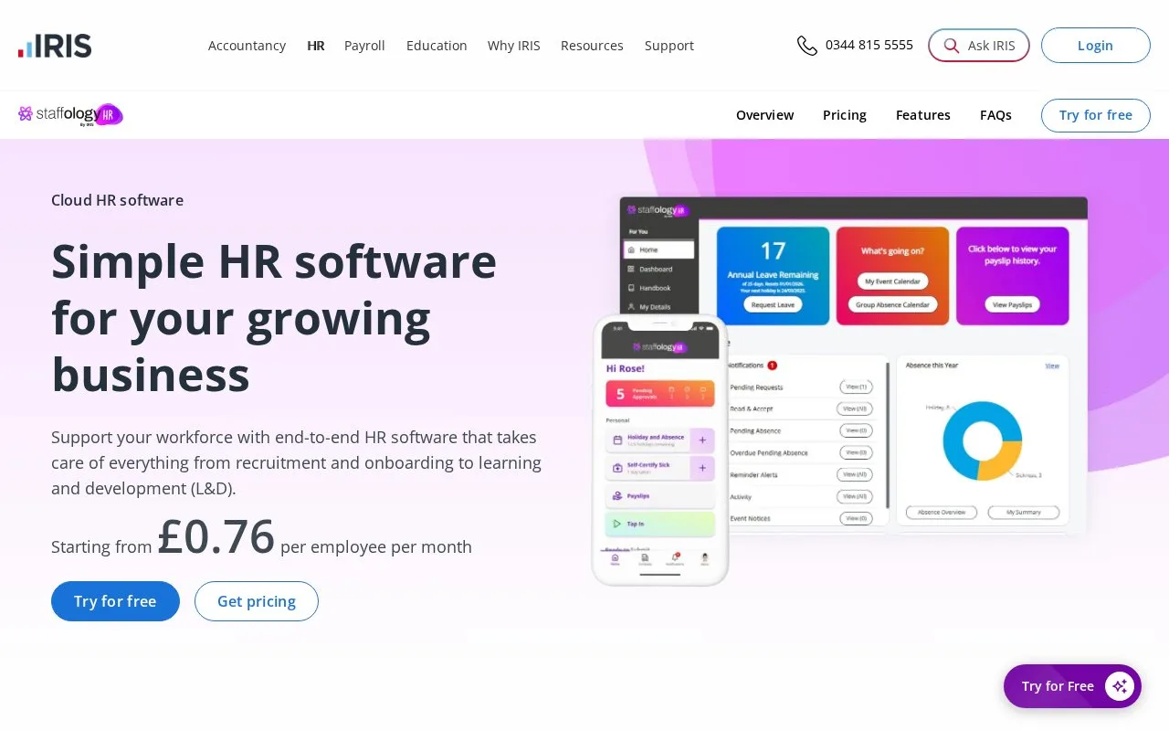 Screenshot of the Staffology HR homepage