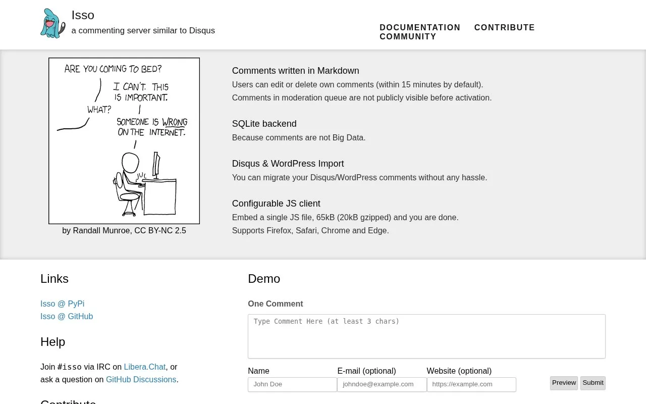 Screenshot of the Isso homepage