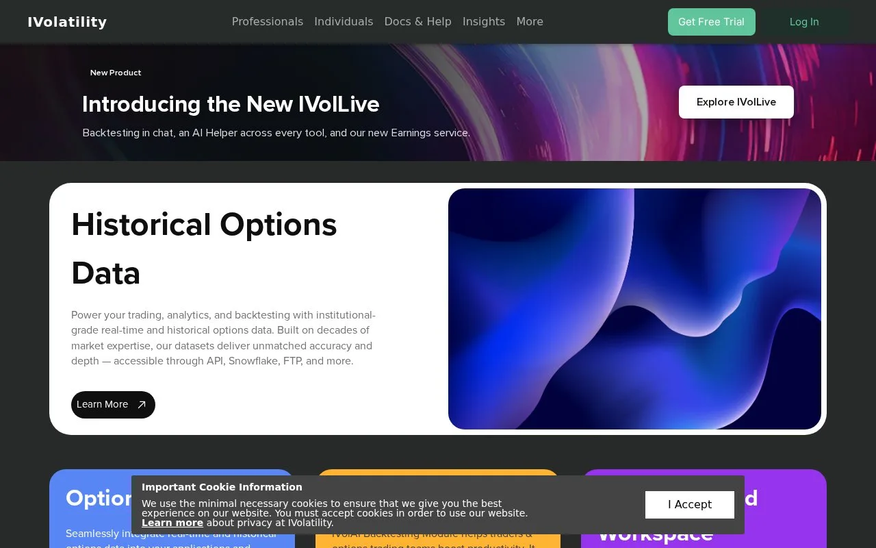 Screenshot of the IVolatility homepage