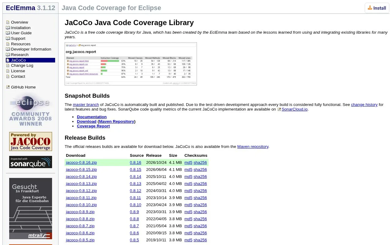 Screenshot of the JaCoCo homepage
