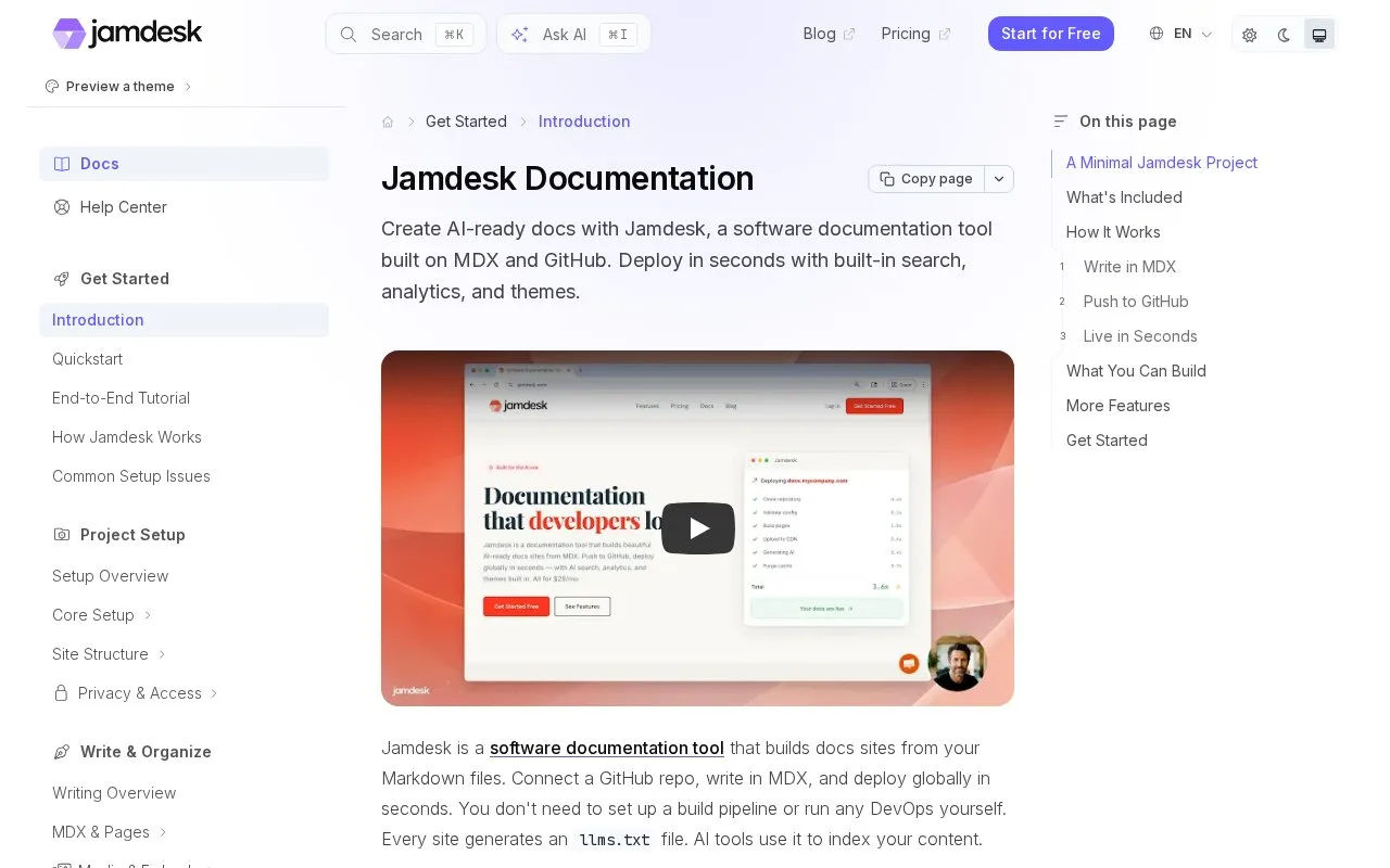 Screenshot of the Jamdesk homepage