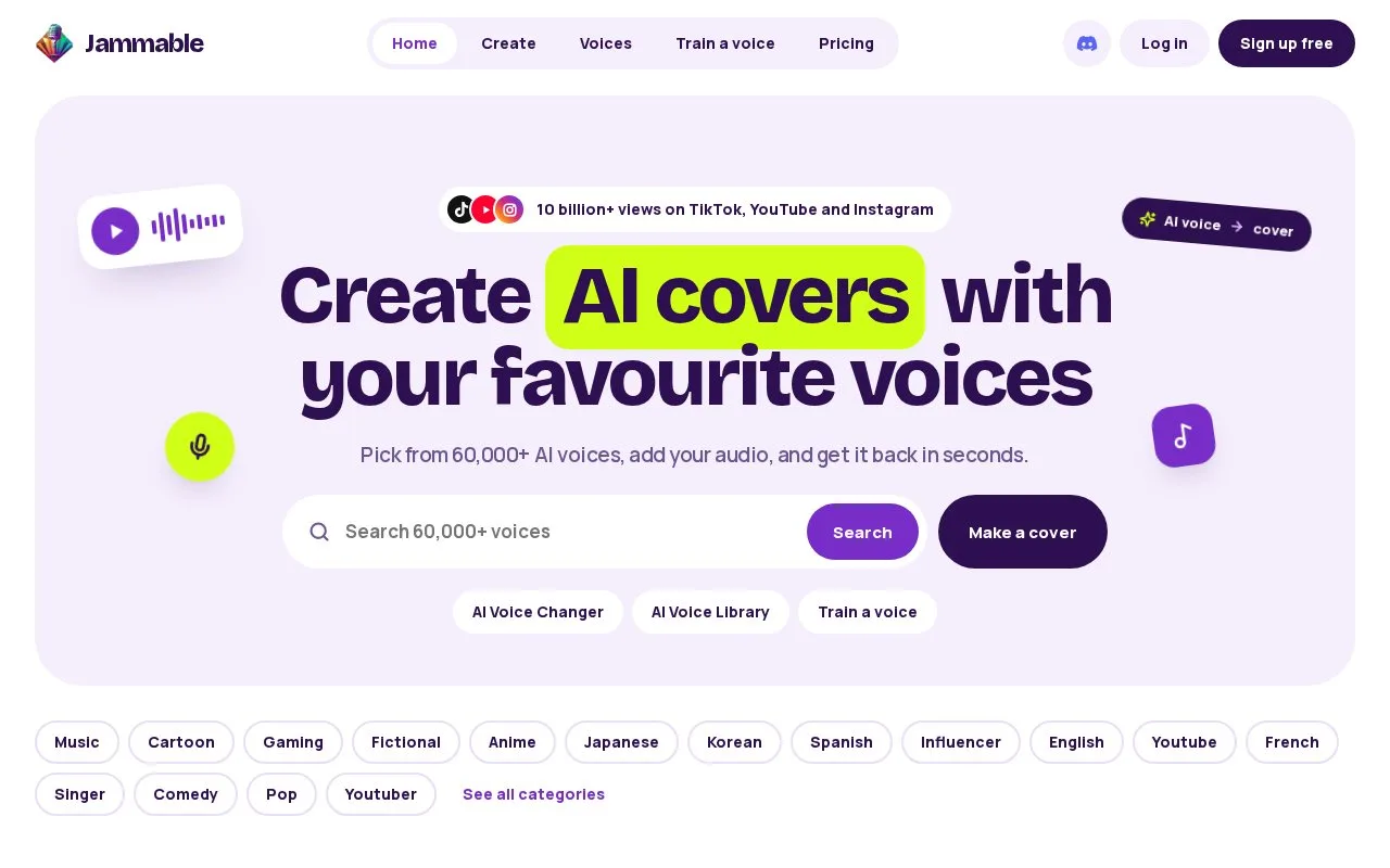 Screenshot of the Jammable homepage