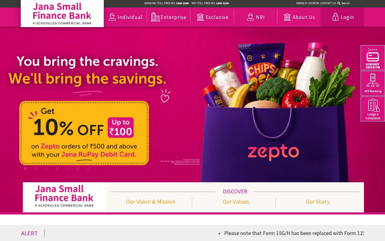 Screenshot of the Jana Small Finance Bank homepage