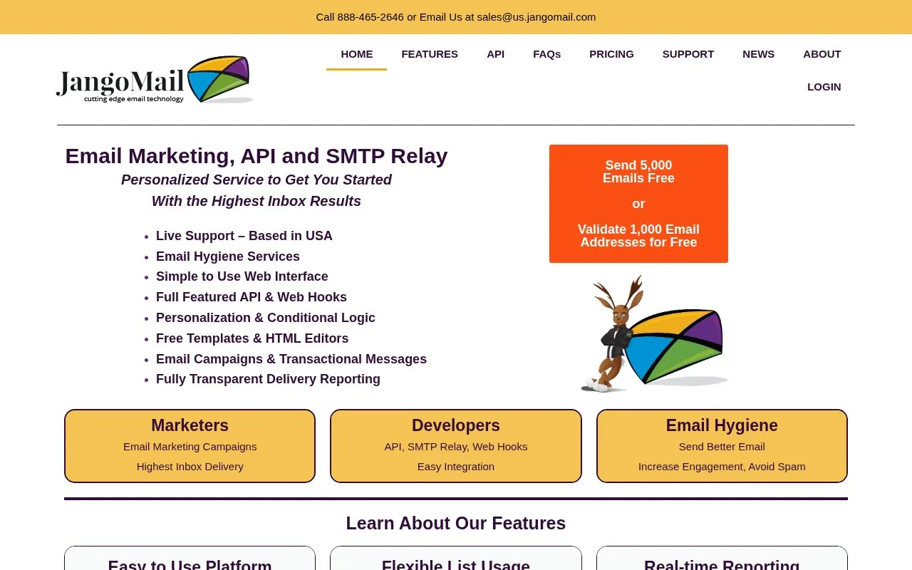 Screenshot of the JangoMail homepage