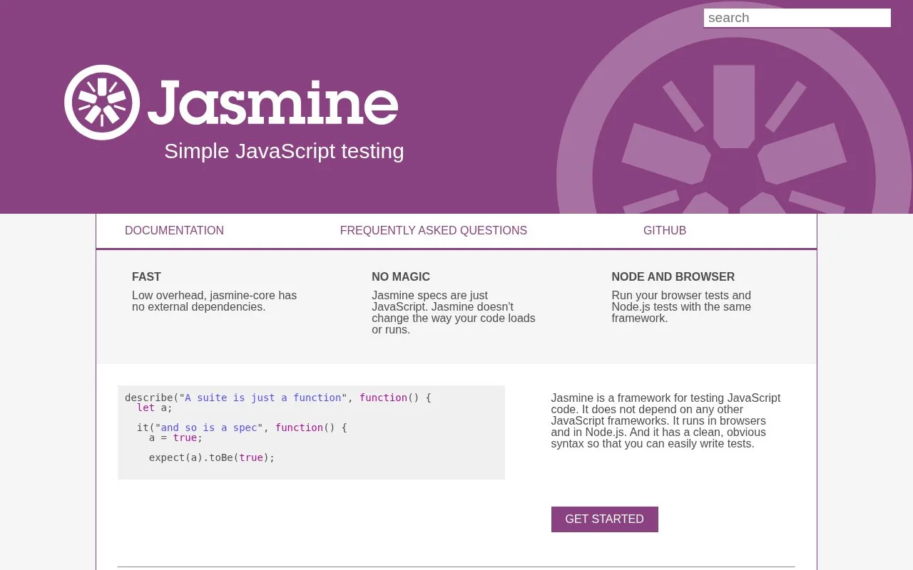 Screenshot of the Jasmine homepage