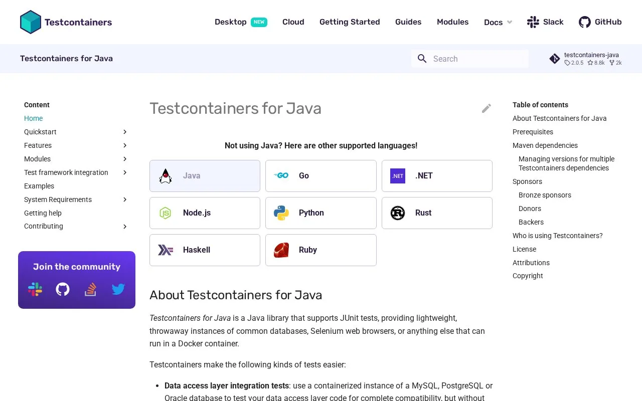 Screenshot of the Testcontainers for Java homepage