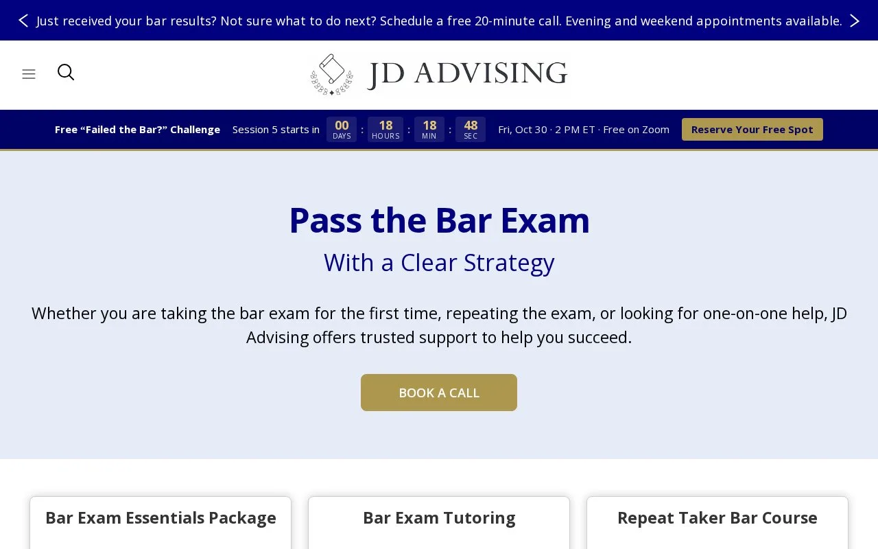 Screenshot of the JD Advising homepage
