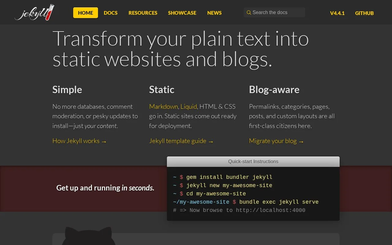 Screenshot of the Jekyll homepage