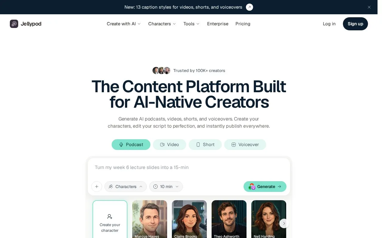 Screenshot of the Jellypod homepage