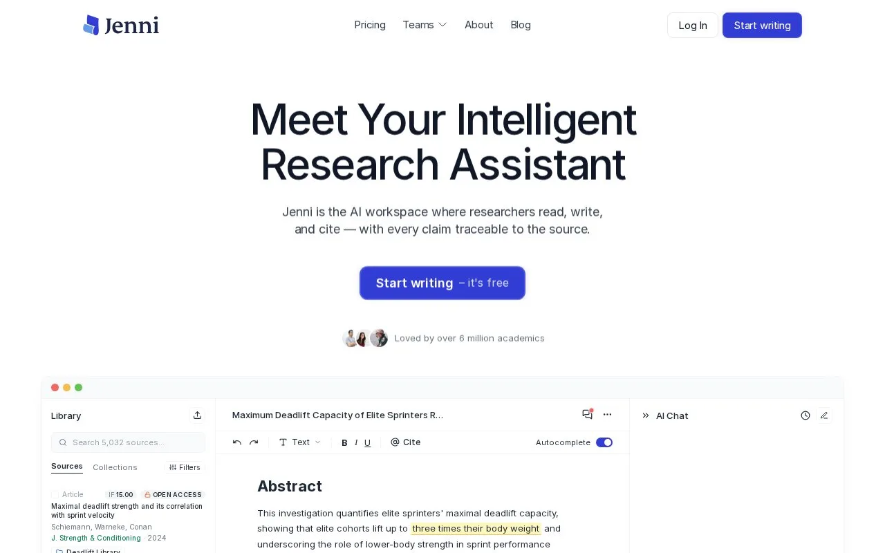 Screenshot of the Jenni homepage