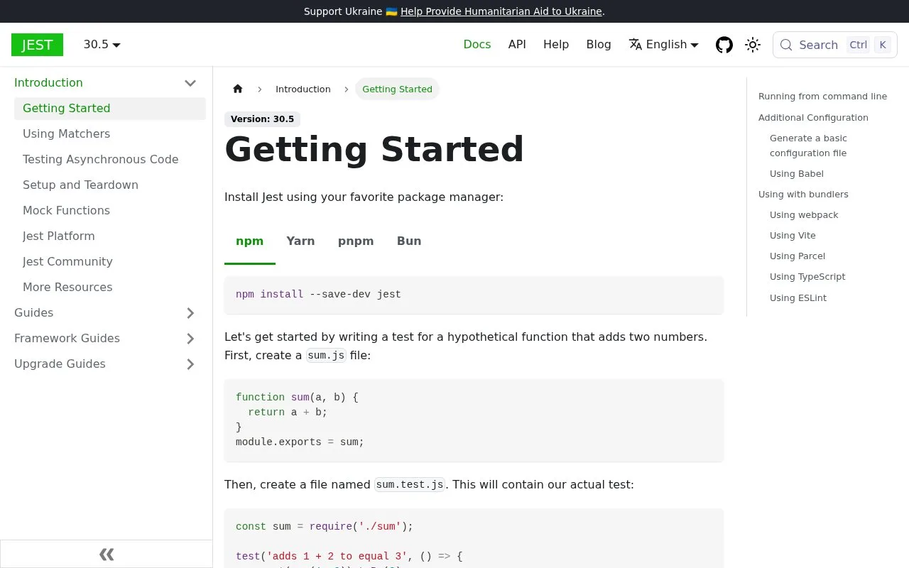 Screenshot of the Jest homepage