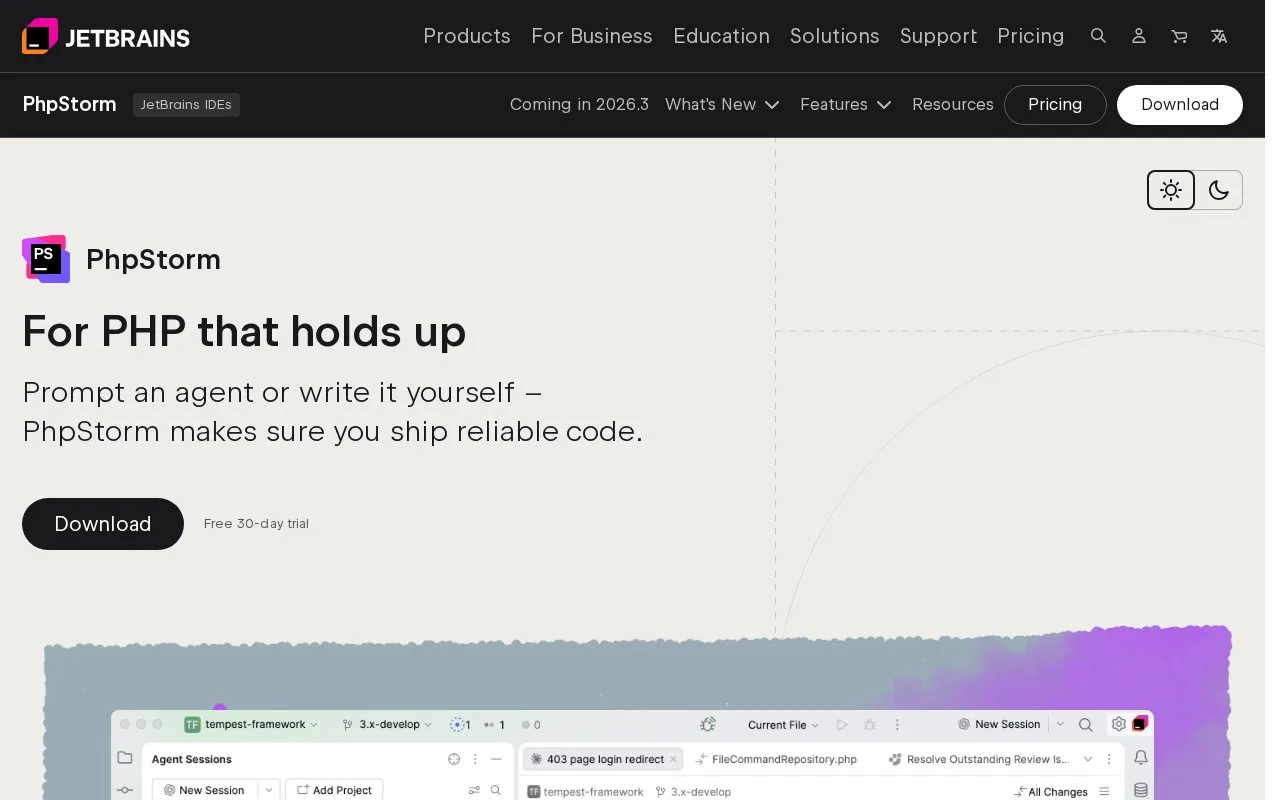 Screenshot of the PhpStorm homepage