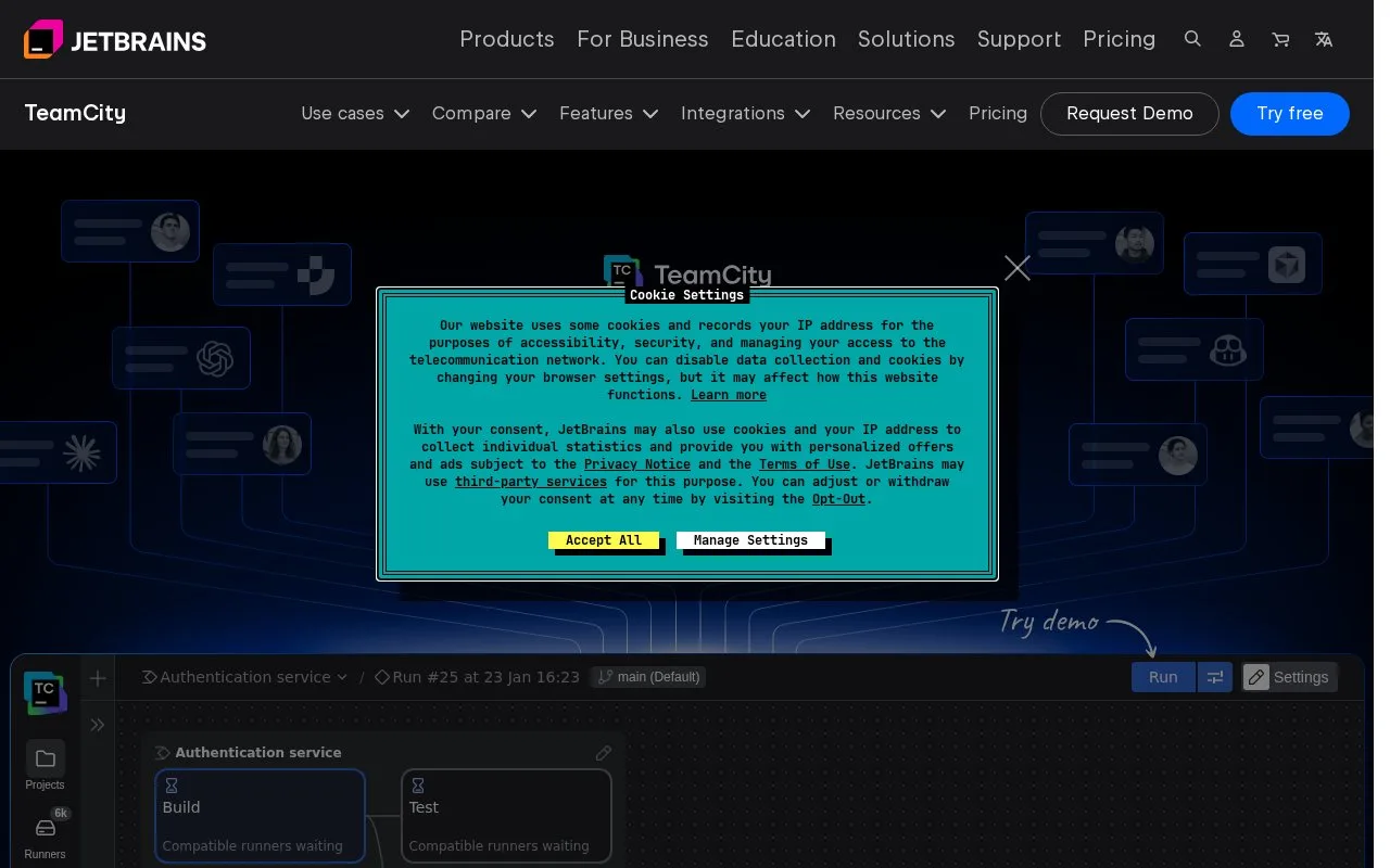Screenshot of the TeamCity Cloud homepage