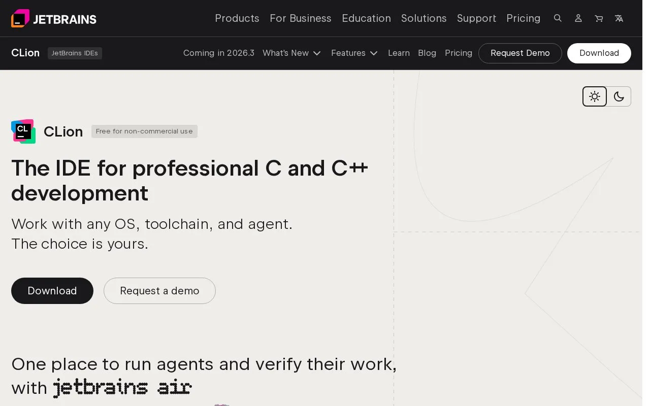 Screenshot of the CLion homepage