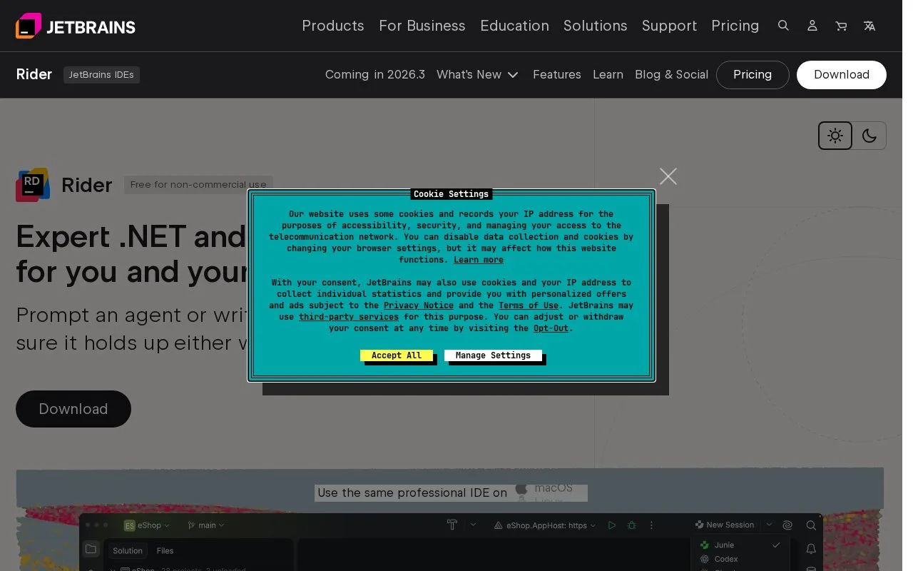 Screenshot of the Rider homepage