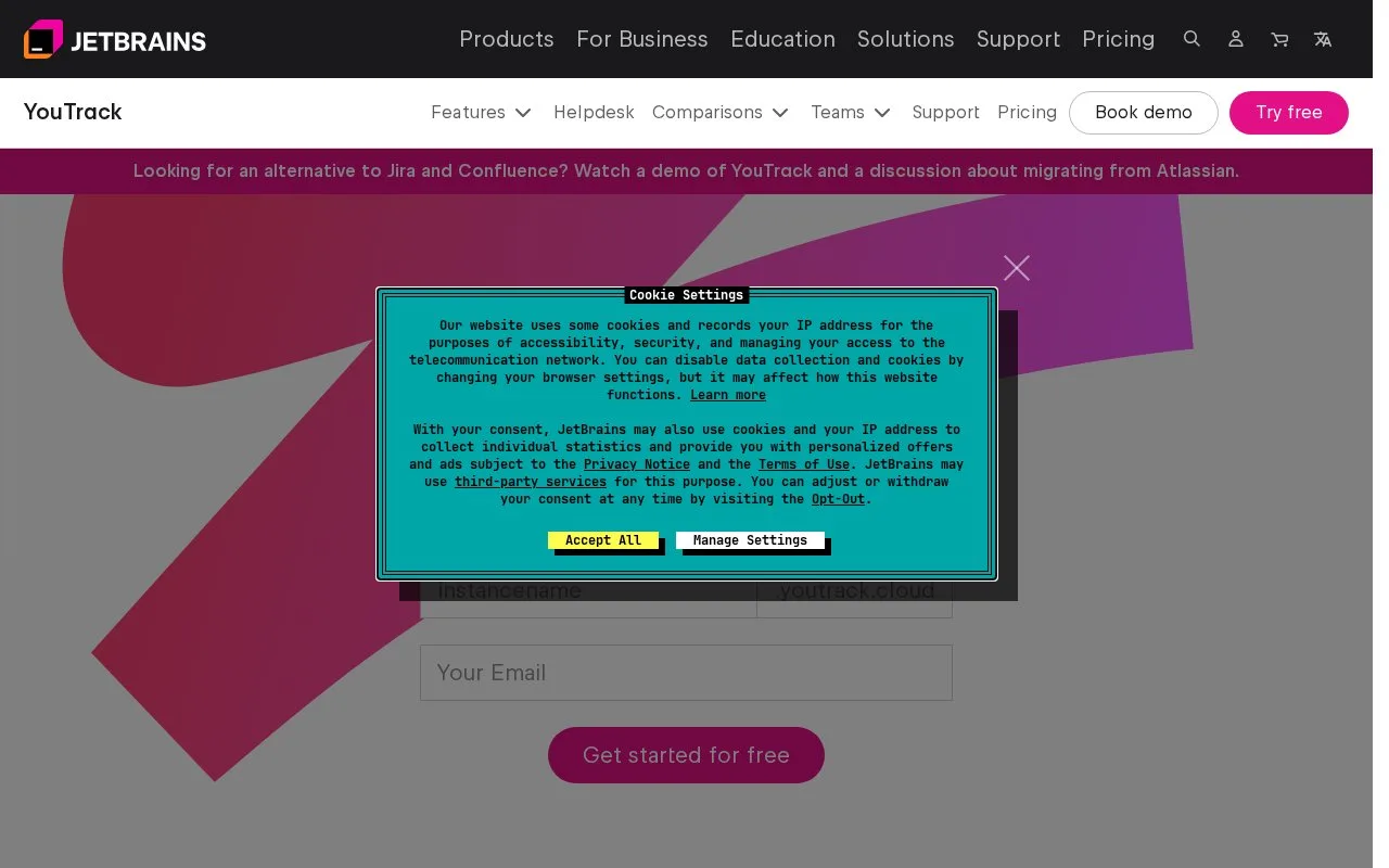 Screenshot of the YouTrack homepage