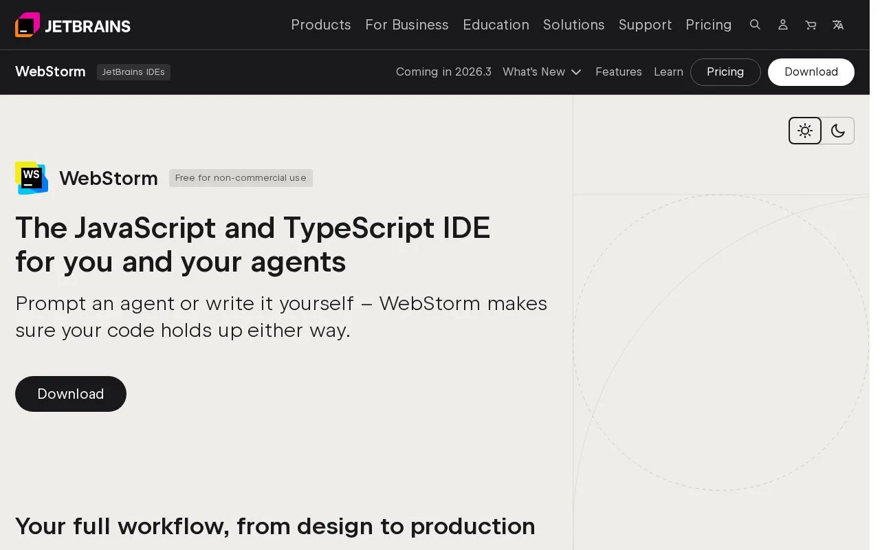 Screenshot of the WebStorm homepage