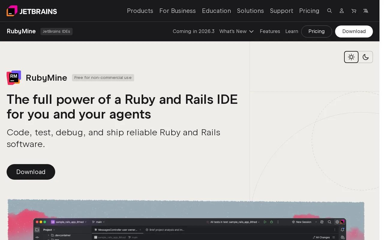 Screenshot of the RubyMine homepage